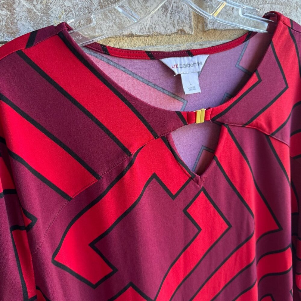 Liz Claiborne V-Neck 3/4 Sleeves Burgundy Tunic Blouse Women's Size L - Picture 5 of 7